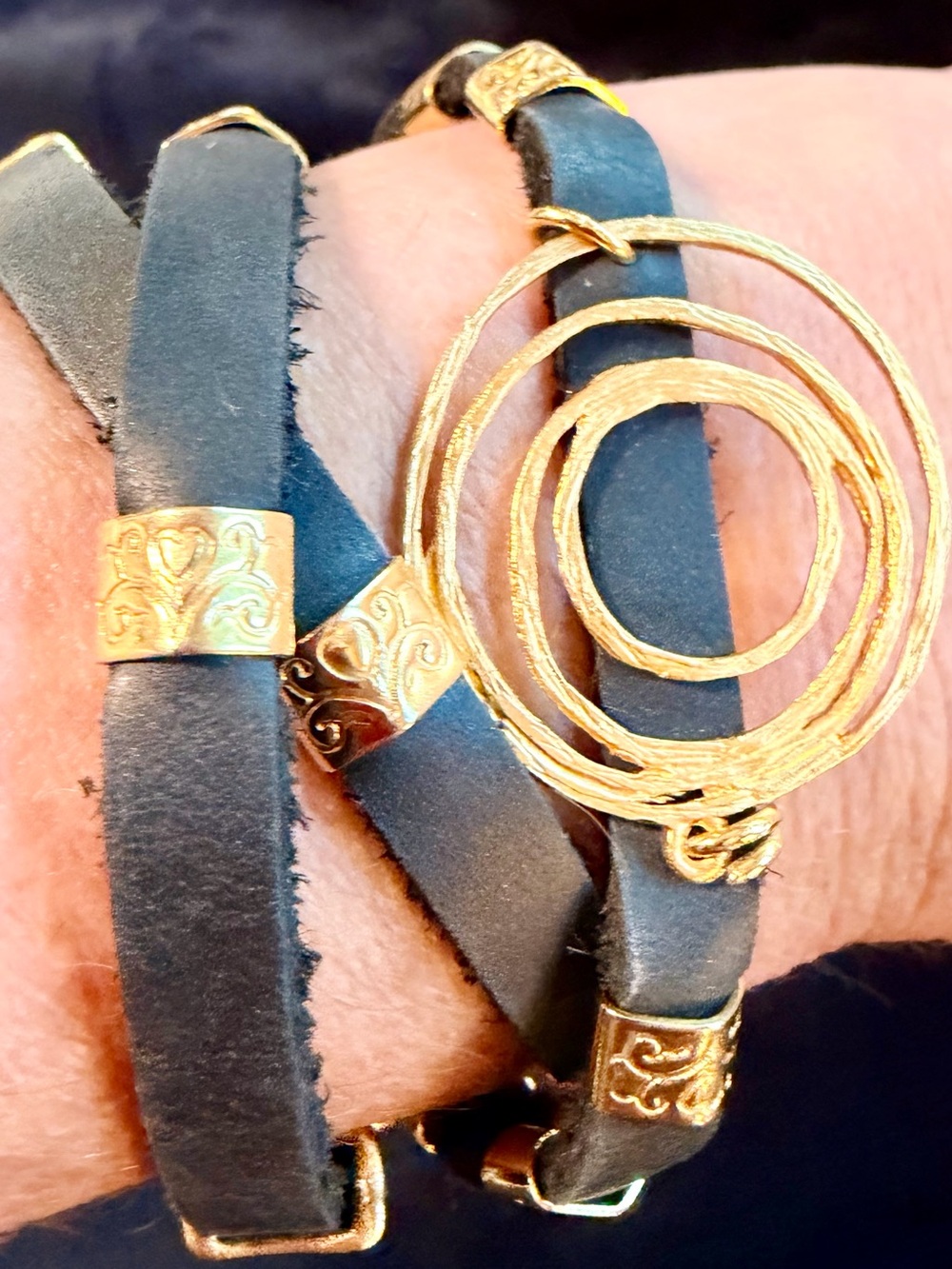 Gold Tone Spiral Charcoal Multi Wrap Statement Bracelet